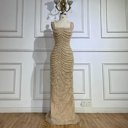 Luxury Dubai Arabic Nude Spaghetti Strap Mermaid Luxury Pearls Beaded Evening Gown for Women | Wedding Party  LA72606A