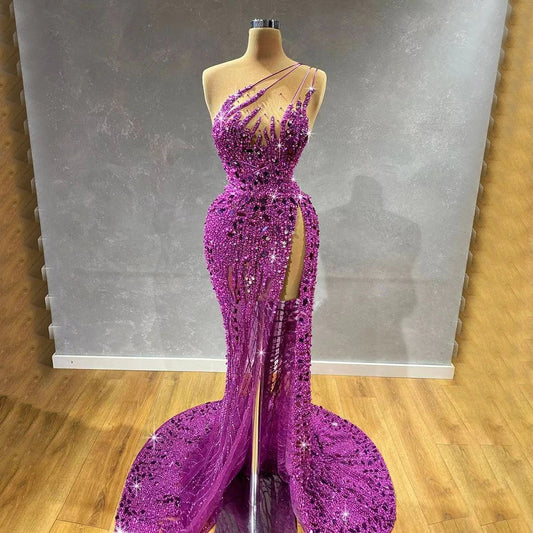 Luxury Dubai Arabic Purple Mermaid One Shoulder High Split Beaded Luxury Evening Dresses Gowns For Women Party  LA71820