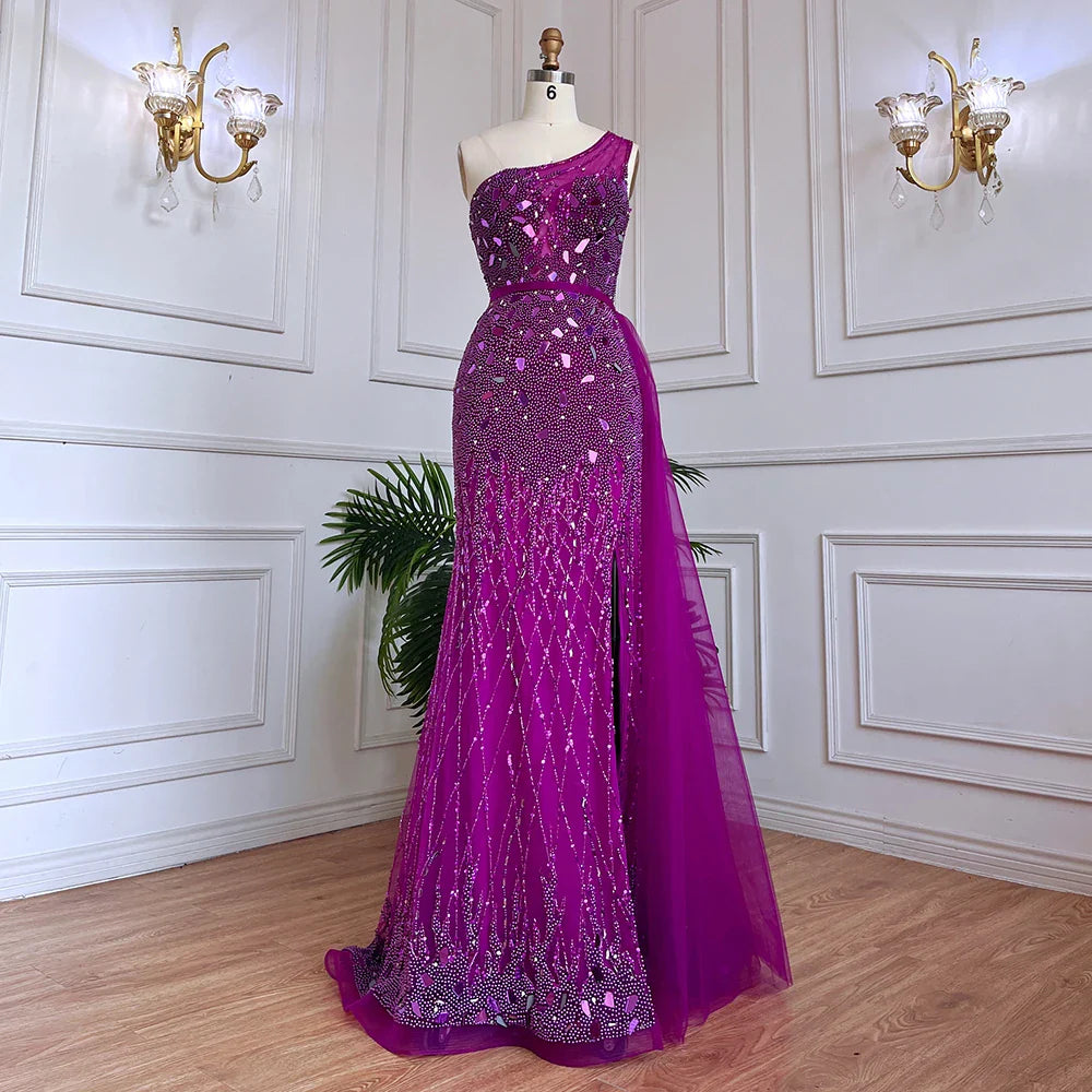 Luxury Dubai Arabic Purple Mermaid One Shoulder High Split Beaded Luxury Evening Dresses Gowns For Women Party  LA71820