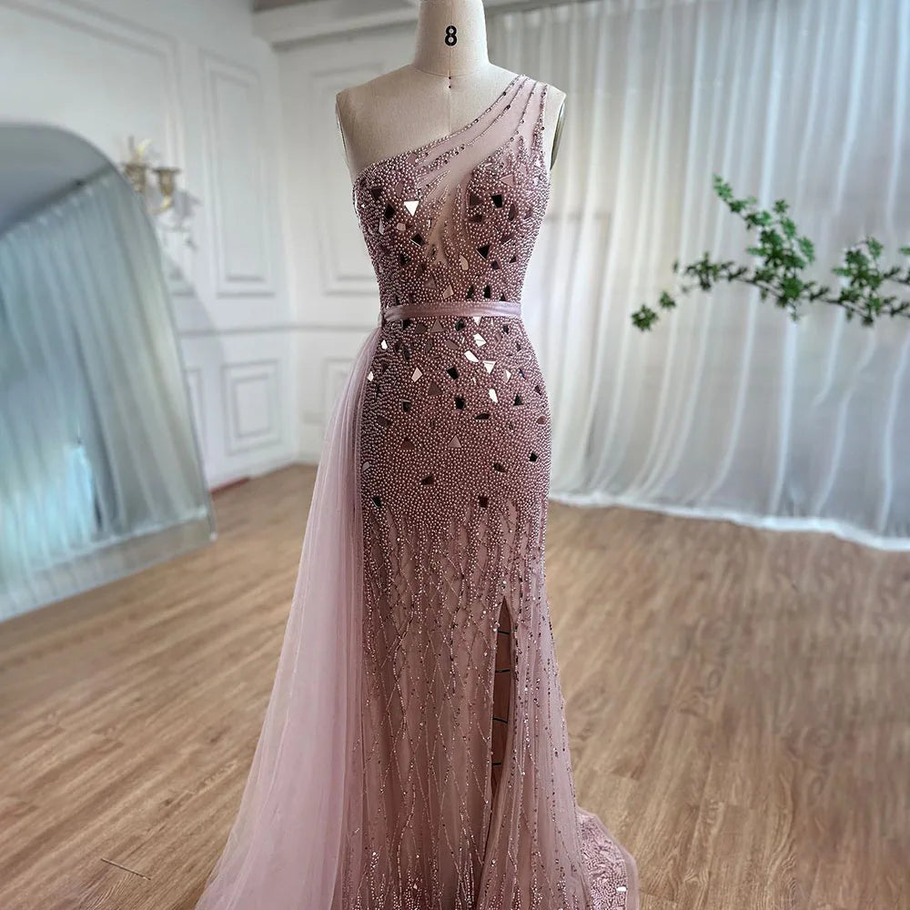 Luxury Dubai Arabic Purple Mermaid One Shoulder High Split Beaded Luxury Evening Dresses Gowns For Women Party  LA71820
