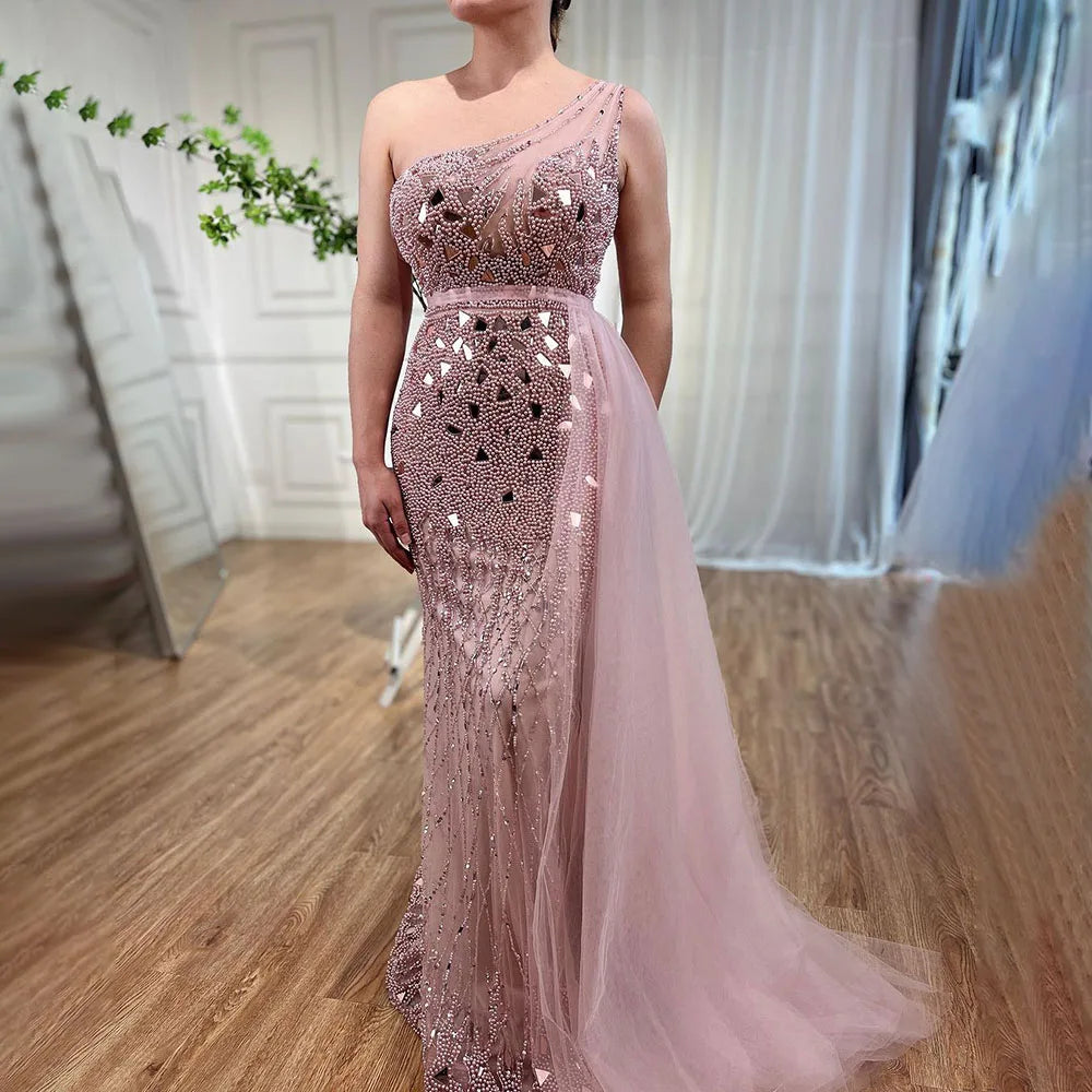 Luxury Dubai Arabic Purple Mermaid One Shoulder High Split Beaded Luxury Evening Dresses Gowns For Women Party  LA71820