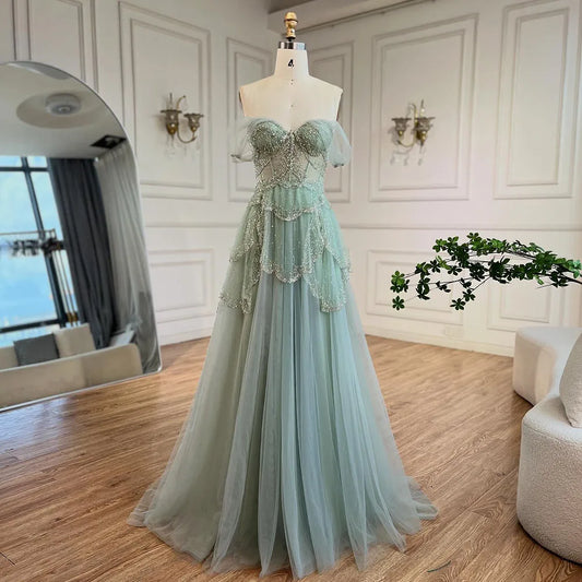 Luxury Sage Green Beaded A-Line Off-Shoulder Evening Dress LA72605