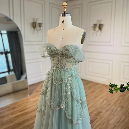 Luxury Sage Green Beaded A-Line Off-Shoulder Evening Dress LA72605