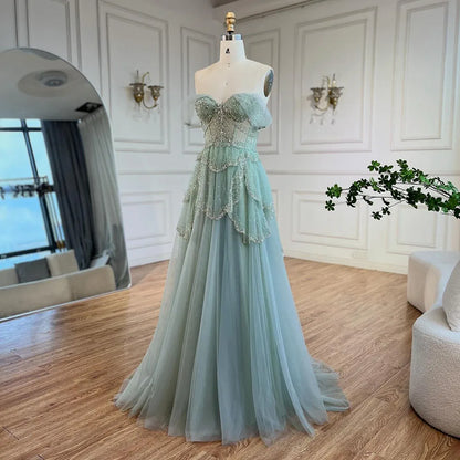 Luxury Sage Green Beaded A-Line Off-Shoulder Evening Dress LA72605