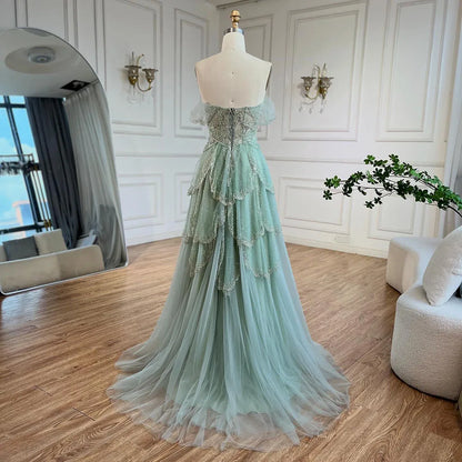 Luxury Sage Green Beaded A-Line Off-Shoulder Evening Dress LA72605