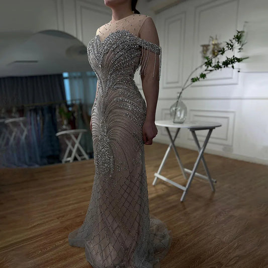 Serene Hill Arabisch Silber Nude Mermaid Elegante Quaste Perlen Luxus Dubai Abendkleider Kleider Für Frauen Party LA71906 