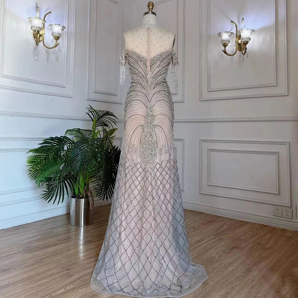 Serene Hill Arabic Silver Nude Mermaid Elegant Tassel Beaded Luxury Dubai Evening Dresses Gowns For Women Party  LA71906
