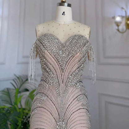 Serene Hill Arabic Silver Nude Mermaid Elegant Tassel Beaded Luxury Dubai Evening Dresses Gowns For Women Party  LA71906