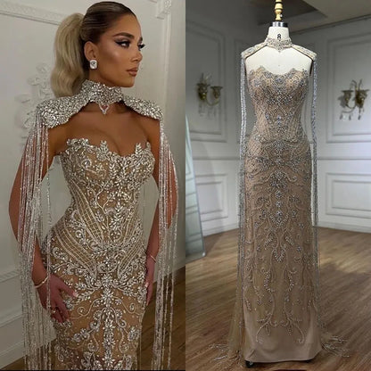 Arabic Nude Mermaid Tassel Beaded Luxury Evening Dress Gown LA72237