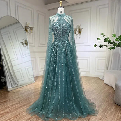 Luxury Turquoise A-Line Cape Sleeve Beaded Evening Dress Plus Size LA72306A