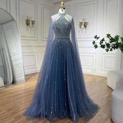 Luxury Turquoise A-Line Cape Sleeve Beaded Evening Dress Plus Size LA72306A