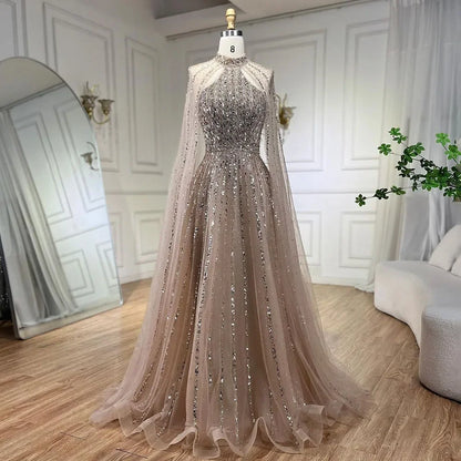Luxury Turquoise A-Line Cape Sleeve Beaded Evening Dress Plus Size LA72306A