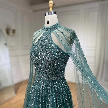 Luxury Turquoise A-Line Cape Sleeve Beaded Evening Dress Plus Size LA72306A