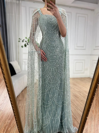 Luxury Turquoise Beaded Pearl Arabic Evening Dress with Cape Sleeves LA72590