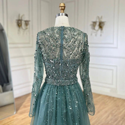 Luxury Dubai Turquoise Beaded Evening Dress with Tulle LA72601