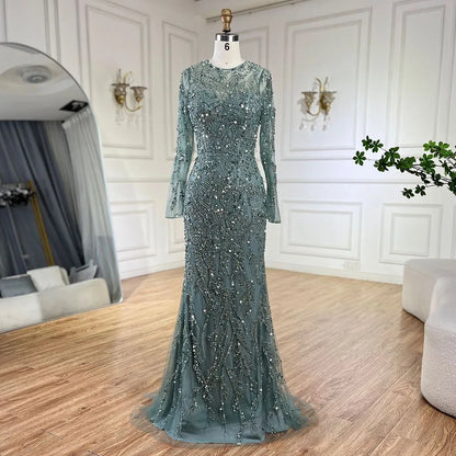 Luxury Dubai Turquoise Beaded Evening Dress with Tulle LA72601