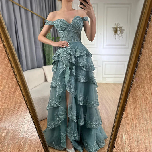 Luxury Dubai Arabic Turquoise Shoulder Strap Tiered Beaded Evening Gown with Front Split for Formal Occasion  LA72593A