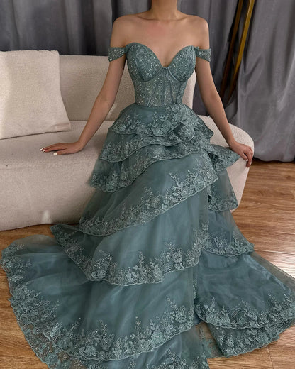 Luxury Dubai Arabic Turquoise Shoulder Strap Tiered Beaded Evening Gown with Front Split for Formal Occasion  LA72593A