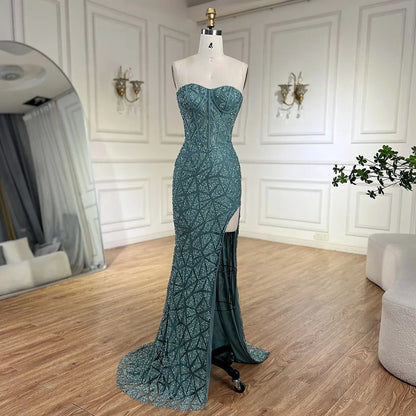 Serene Hill Arabic Turquoise High-Split Mermaid Beaded Luxury Evening Gown for Women Wedding Party 2025 LA72610