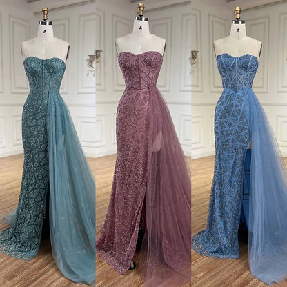 Serene Hill Arabic Turquoise High-Split Mermaid Beaded Luxury Evening Gown for Women Wedding Party 2025 LA72610