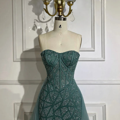 Serene Hill Arabic Turquoise High-Split Mermaid Beaded Luxury Evening Gown for Women Wedding Party 2025 LA72610