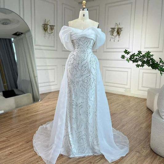 Luxury Dubai Arabic White Beaded Mermaid Elegant With Overskirt Luxury Dubai Evening Dresses Gowns for Women's Party  LA72398