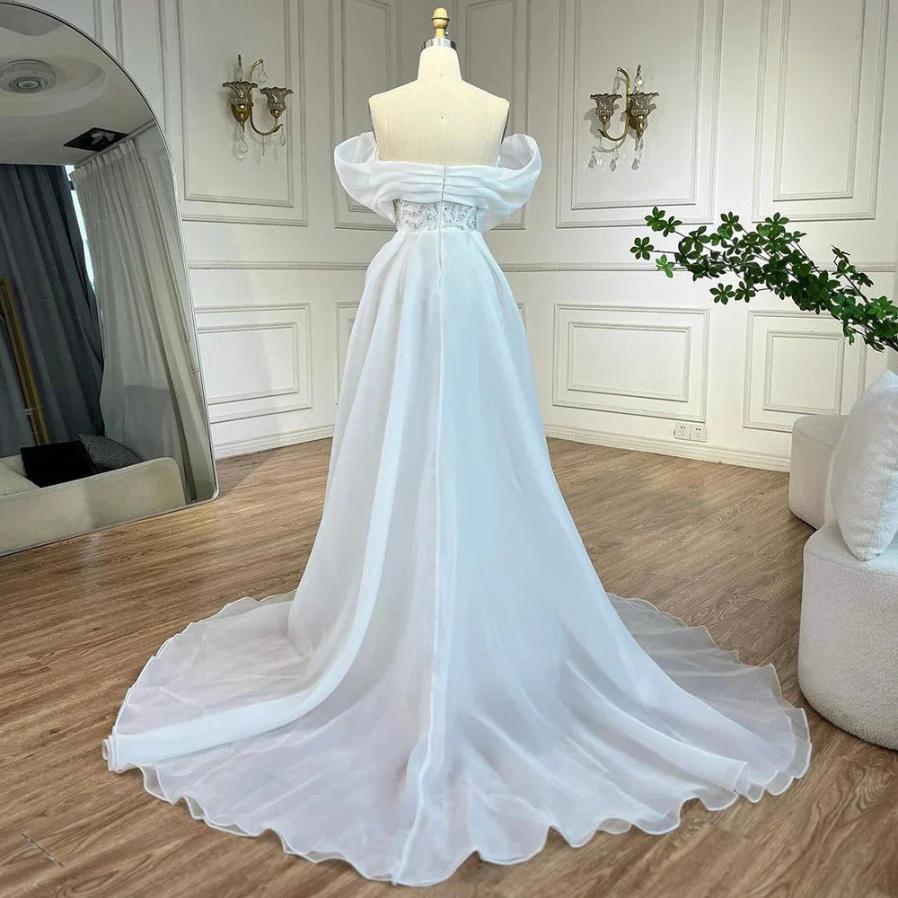 Luxury Dubai Arabic White Beaded Mermaid Elegant With Overskirt Luxury Dubai Evening Dresses Gowns for Women's Party  LA72398