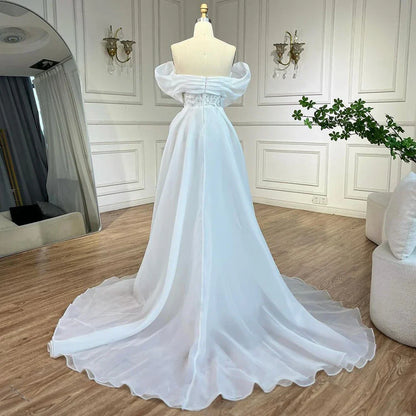 Luxury Dubai Arabic White Beaded Mermaid Elegant With Overskirt Luxury Dubai Evening Dresses Gowns for Women's Party  LA72398