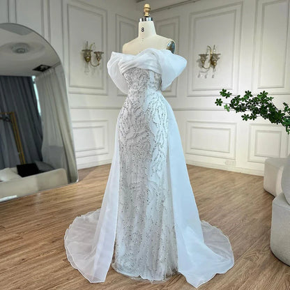 Luxury Dubai Arabic White Beaded Mermaid Elegant With Overskirt Luxury Dubai Evening Dresses Gowns for Women's Party  LA72398