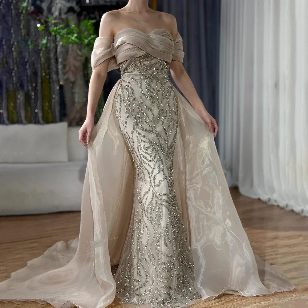 Luxury Dubai Arabic White Beaded Mermaid Elegant With Overskirt Luxury Dubai Evening Dresses Gowns for Women's Party  LA72398