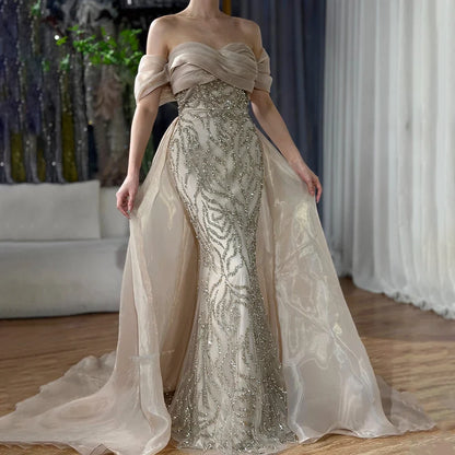 Luxury Dubai Arabic White Beaded Mermaid Elegant With Overskirt Luxury Dubai Evening Dresses Gowns for Women's Party  LA72398