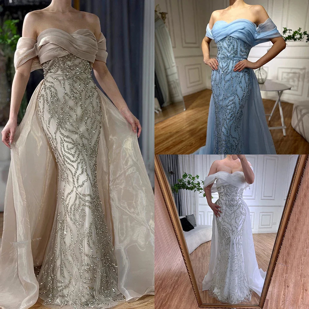 Luxury Dubai Arabic White Beaded Mermaid Elegant With Overskirt Luxury Dubai Evening Dresses Gowns for Women's Party  LA72398