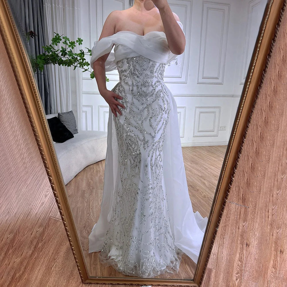 Luxury Dubai Arabic White Beaded Mermaid Elegant With Overskirt Luxury Dubai Evening Dresses Gowns for Women's Party  LA72398