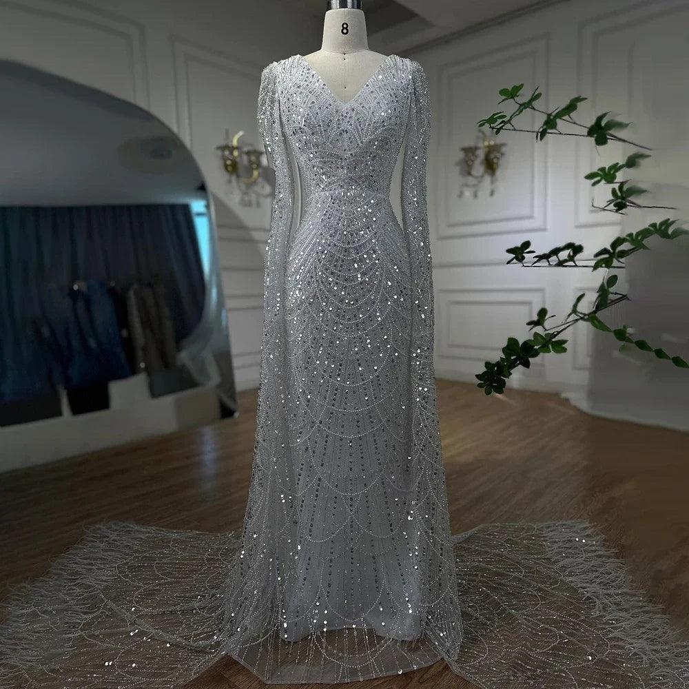 Luxury White Feather Evening Dress with Cape Sleeves LA72160