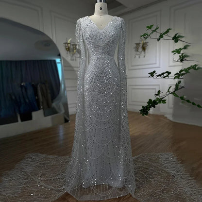 Luxury White Feather Evening Dress with Cape Sleeves LA72160