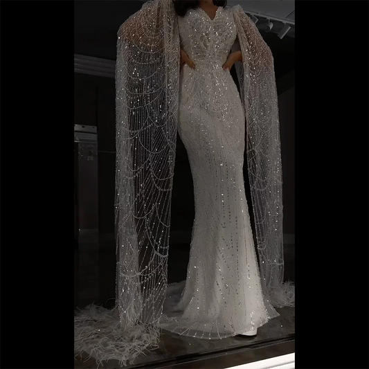 Luxury White Feather Evening Dress with Cape Sleeves LA72160