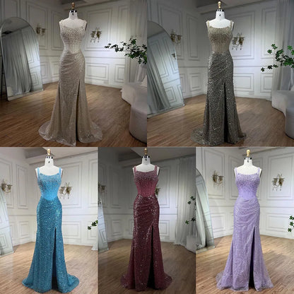 Luxury Dubai Beige Mermaid Floor Length Evening Gowns Luxury Beaded Crystal Spaghetti Strap Party Drsses For Women  LA72163