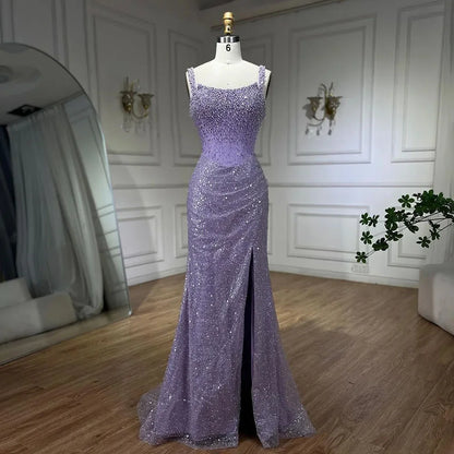 Luxury Dubai Beige Mermaid Floor Length Evening Gowns Luxury Beaded Crystal Spaghetti Strap Party Drsses For Women  LA72163