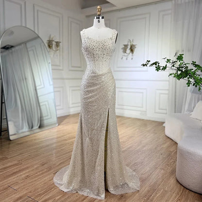 Luxury Dubai Beige Mermaid Floor Length Evening Gowns Luxury Beaded Crystal Spaghetti Strap Party Drsses For Women  LA72163