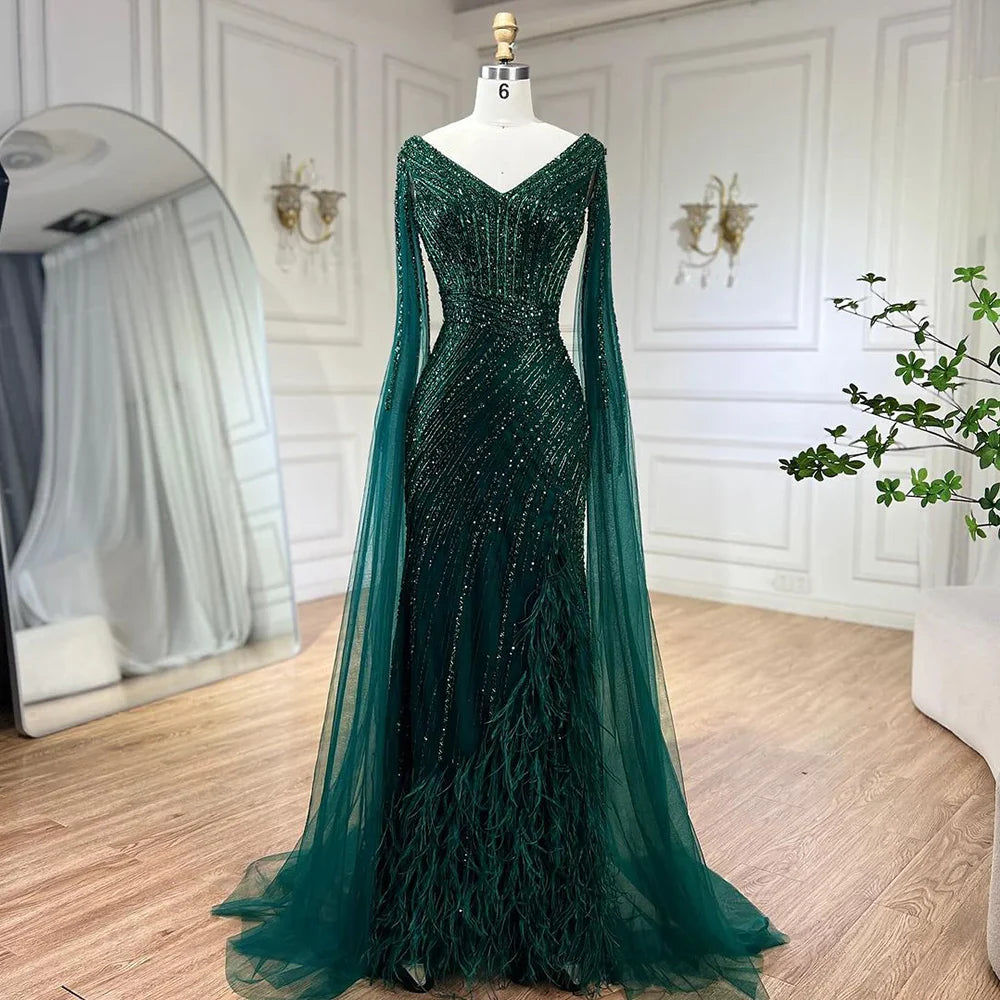 Luxury Black High Split Beaded Feathers Evening Dress with Cape Sleeves LA72216