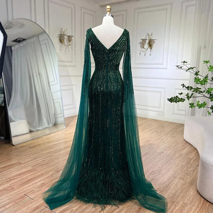 Luxury Black High Split Beaded Feathers Evening Dress with Cape Sleeves LA72216