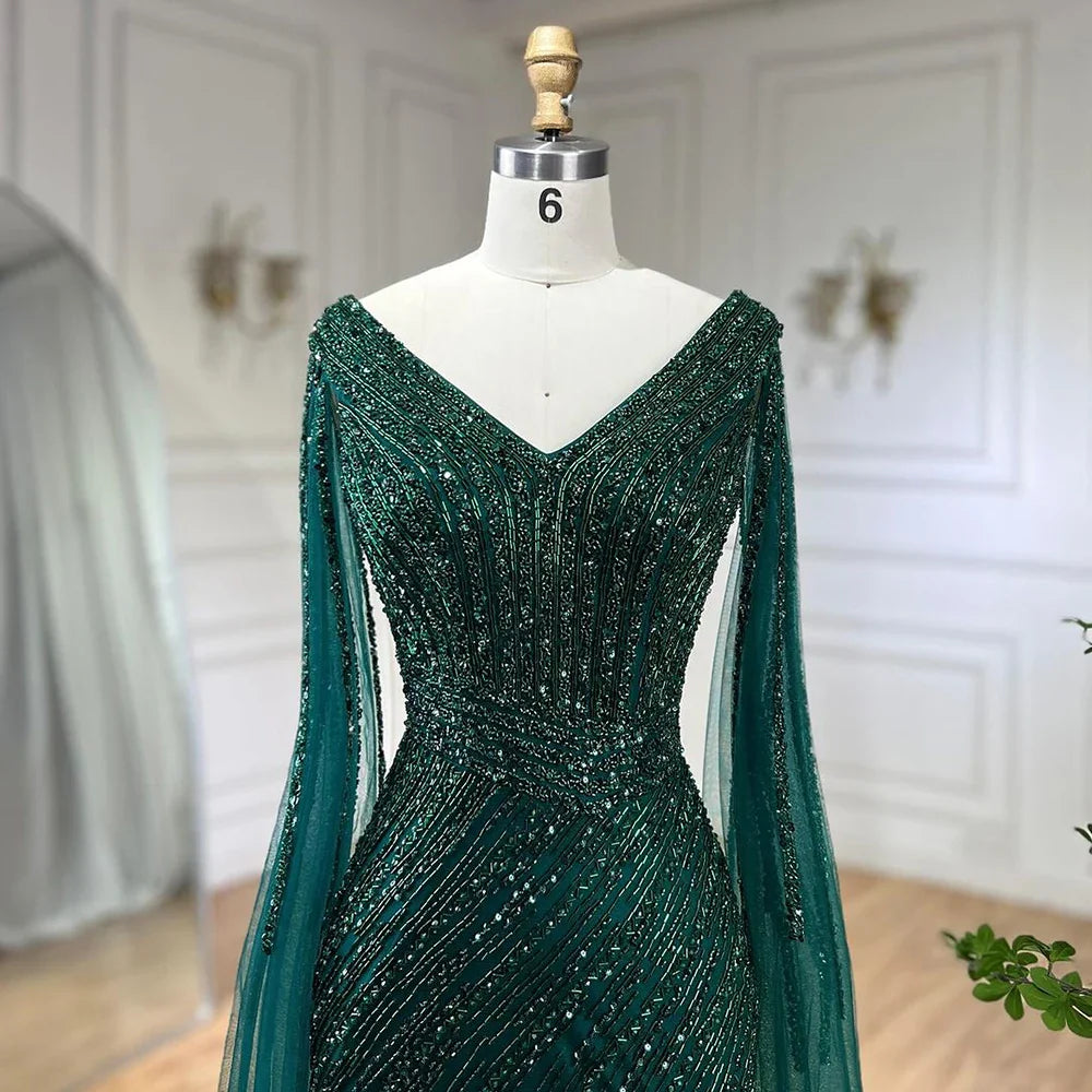 Luxury Black High Split Beaded Feathers Evening Dress with Cape Sleeves LA72216