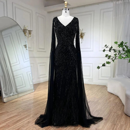 Luxury Black High Split Beaded Feathers Evening Dress with Cape Sleeves LA72216