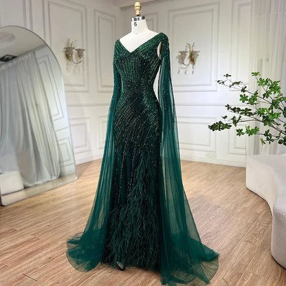 Luxury Black High Split Beaded Feathers Evening Dress with Cape Sleeves LA72216