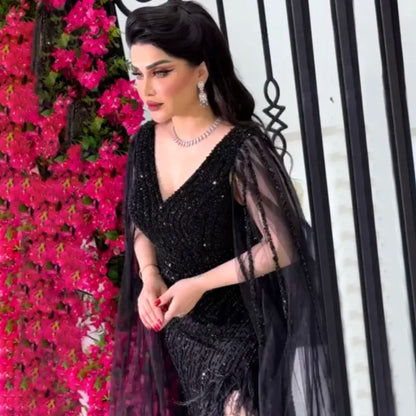 Luxury Black High Split Beaded Feathers Evening Dress with Cape Sleeves LA72216