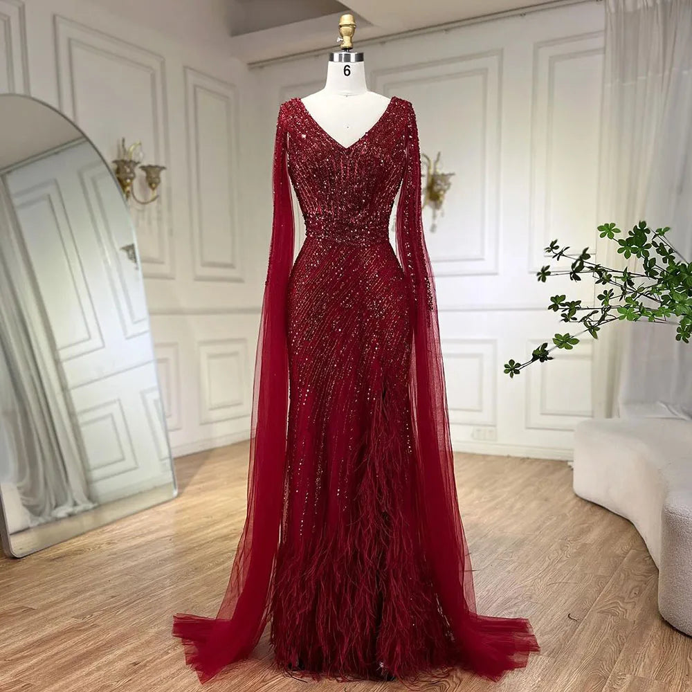 Luxury Black High Split Beaded Feathers Evening Dress with Cape Sleeves LA72216