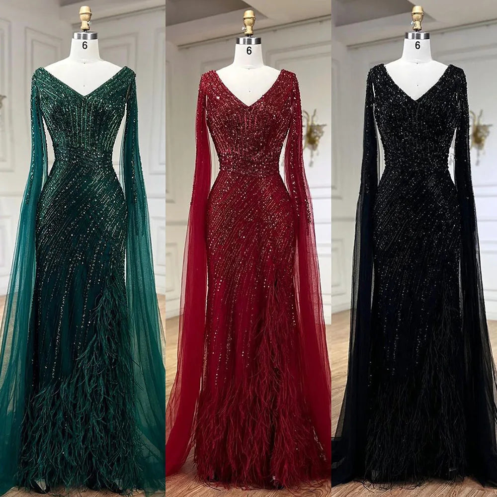 Luxury Black High Split Beaded Feathers Evening Dress with Cape Sleeves LA72216
