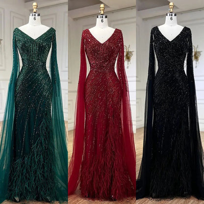 Luxury Black High Split Beaded Feathers Evening Dress with Cape Sleeves LA72216