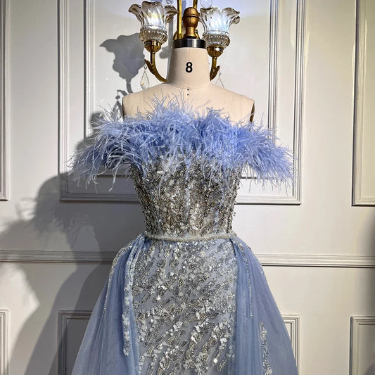 Blue Diamond Feather Mermaid Evening Dress With Overskirt LA72061