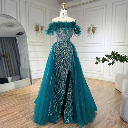Blue Diamond Feather Mermaid Evening Dress With Overskirt LA72061